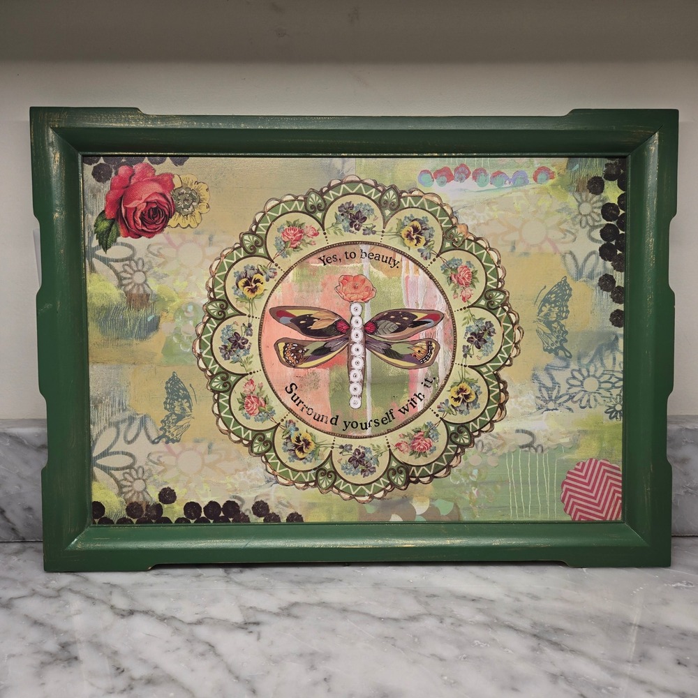 Kelly Rae Roberts Dragonfly Mixed Media Art Decorative Tray Green Floral Boho